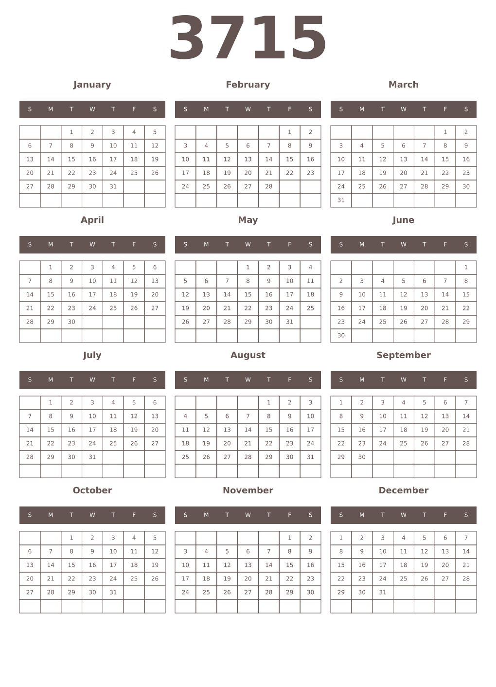 Printable 3715 Year Calendars wenge