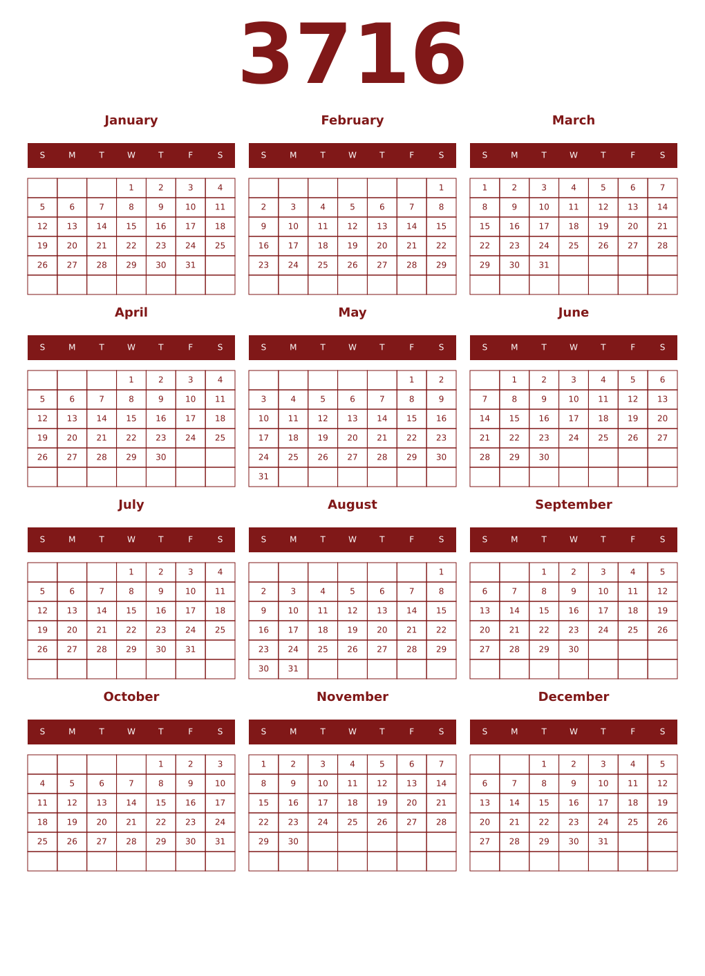 Printable 3716 Year Calendars falu