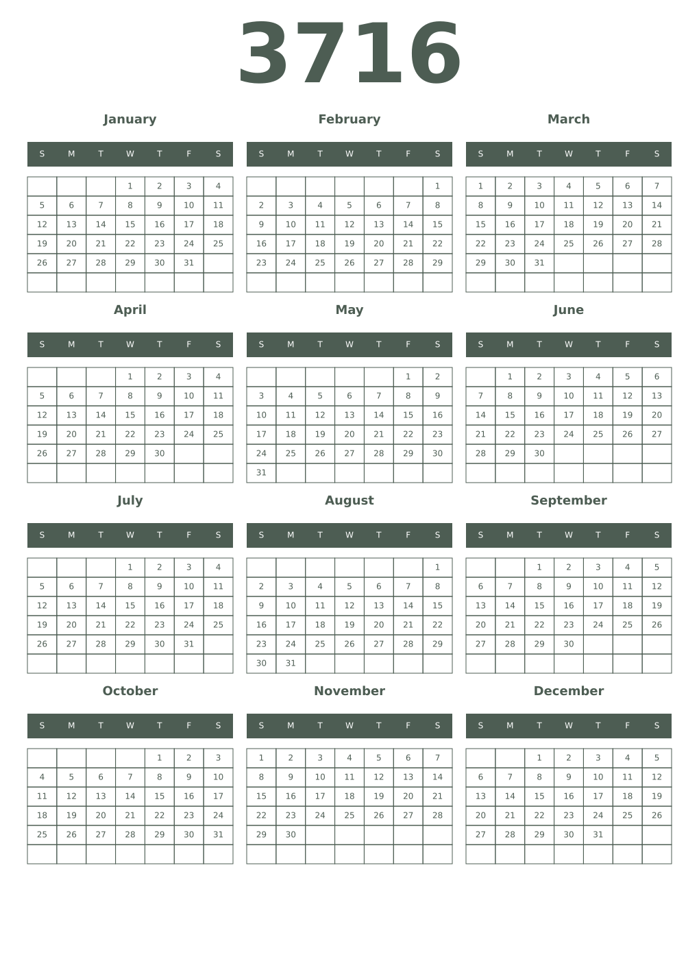 Printable 3716 Year Calendars feldgrau