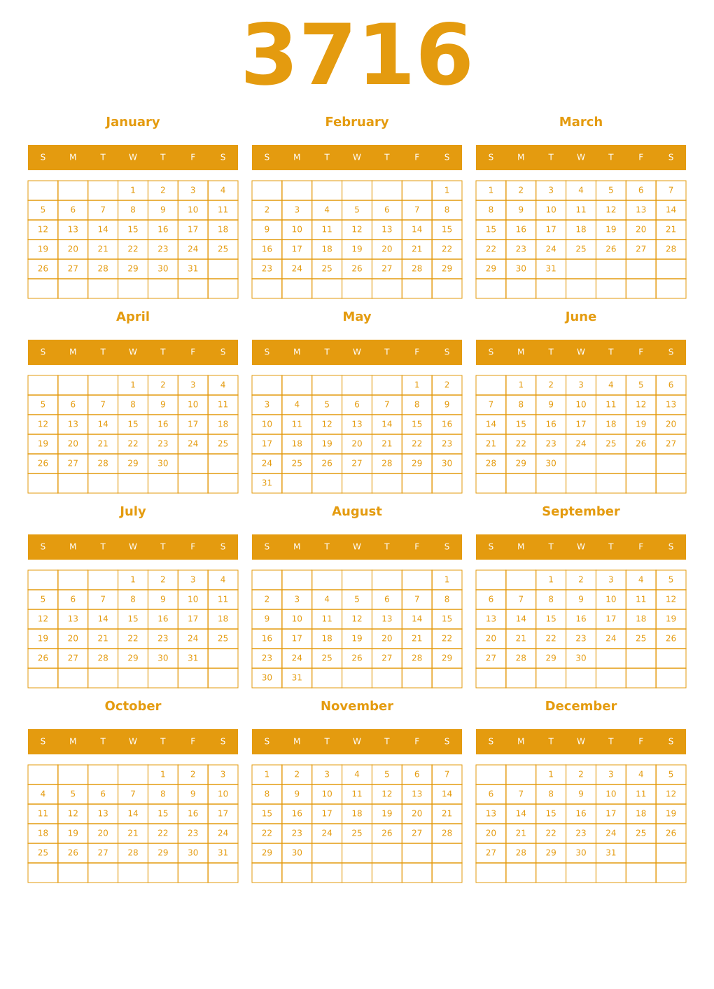 Printable 3716 Year Calendars gamboge