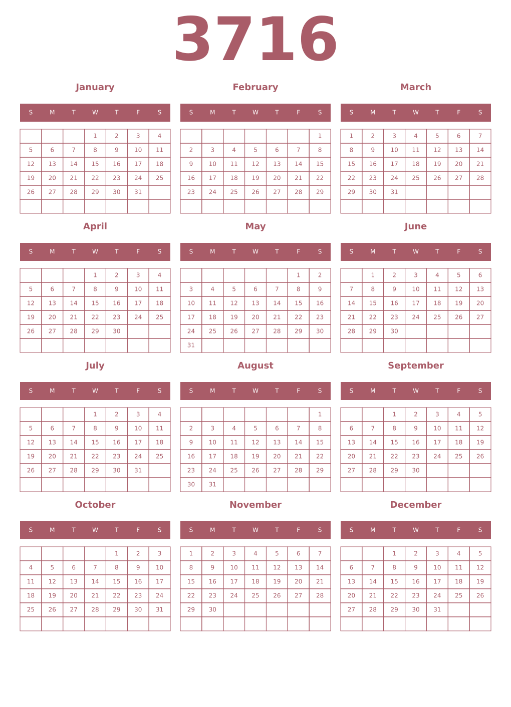 Printable 3716 Year Calendars puce