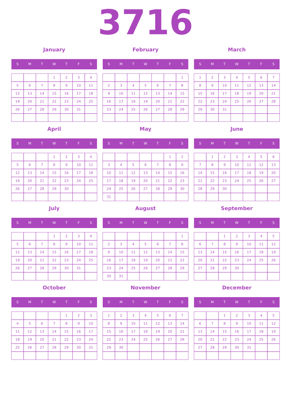 Printable 3716 Year Calendars purple