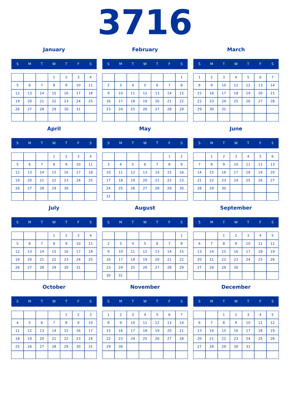 Printable 3716 Year Calendars smalt
