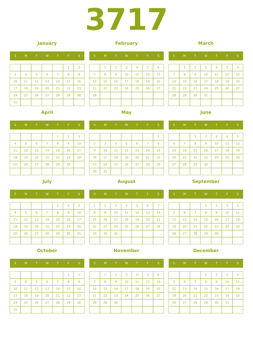 Printable 3717 Year Calendars chartreuse