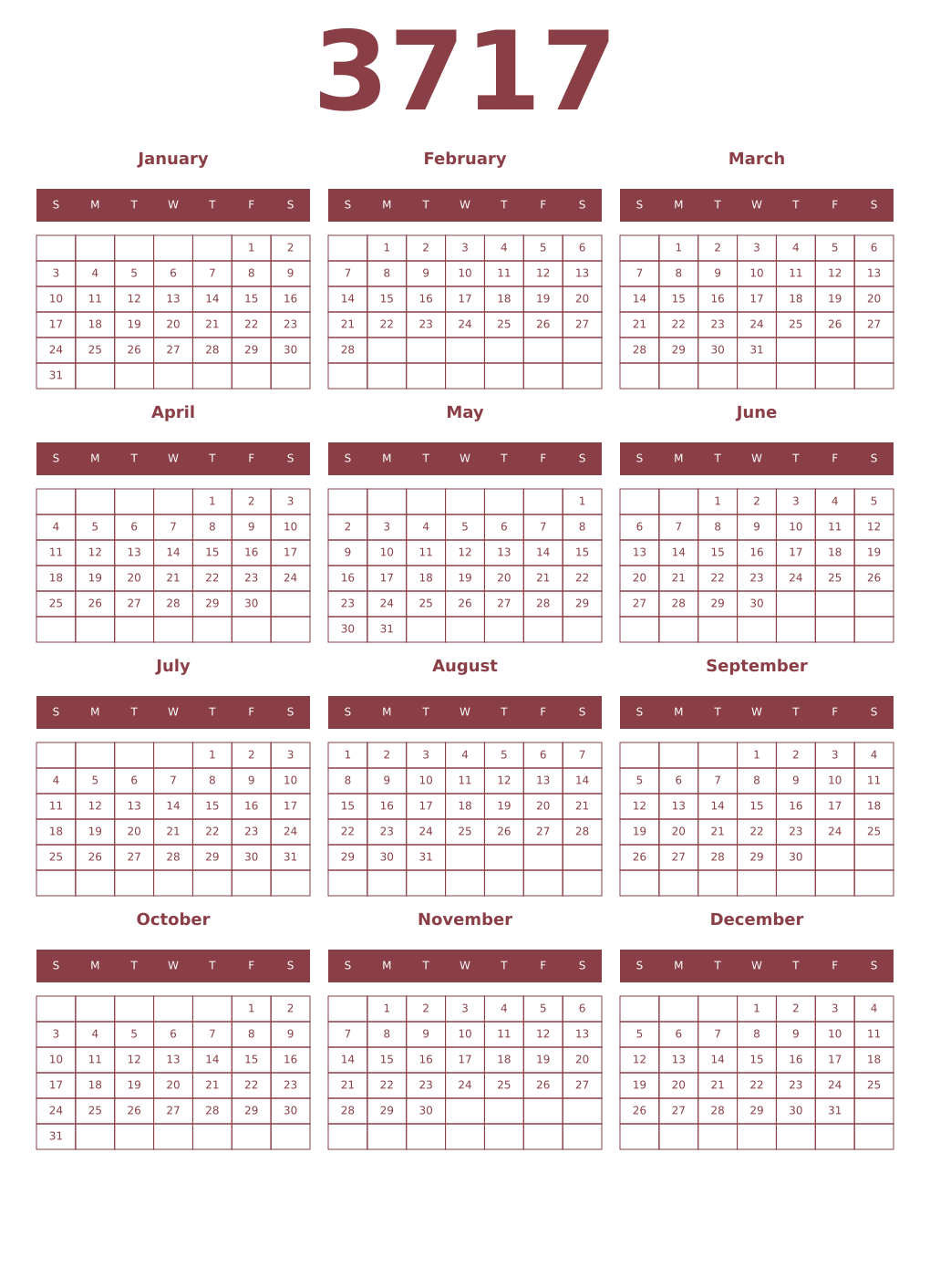 Printable 3717 Year Calendars cordovan