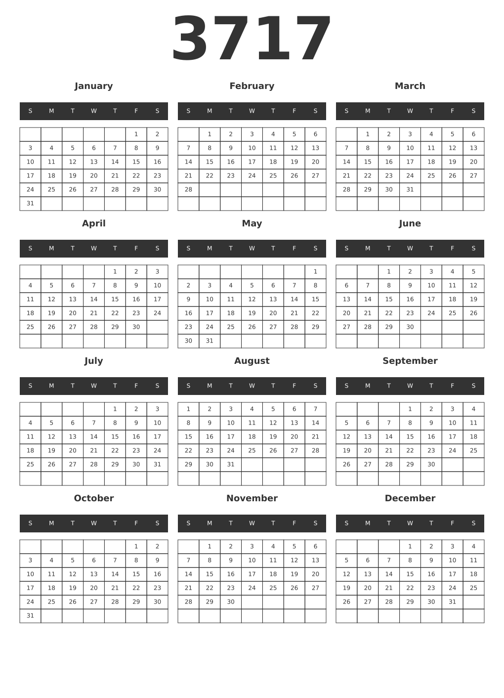 Printable 3717 Year Calendars dark