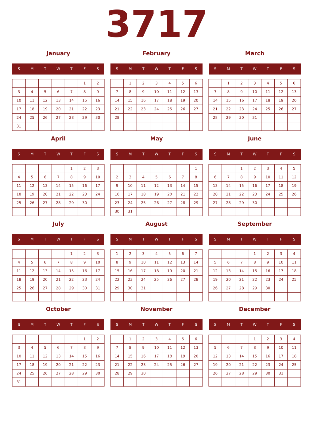 Printable 3717 Year Calendars falu