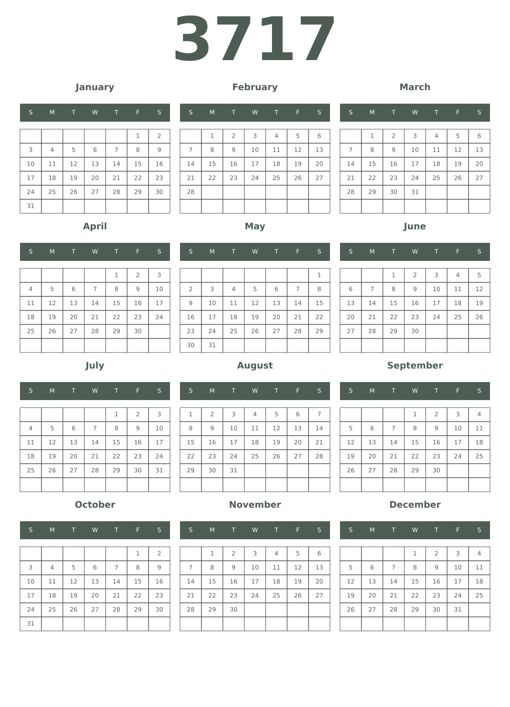 Printable 3717 Year Calendars feldgrau