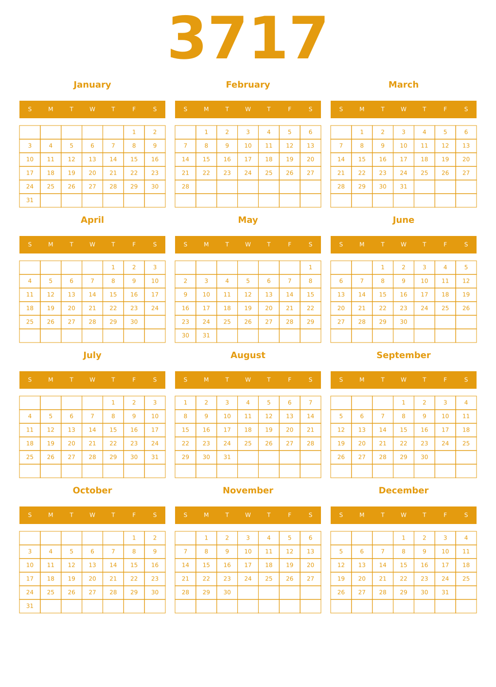 Printable 3717 Year Calendars gamboge