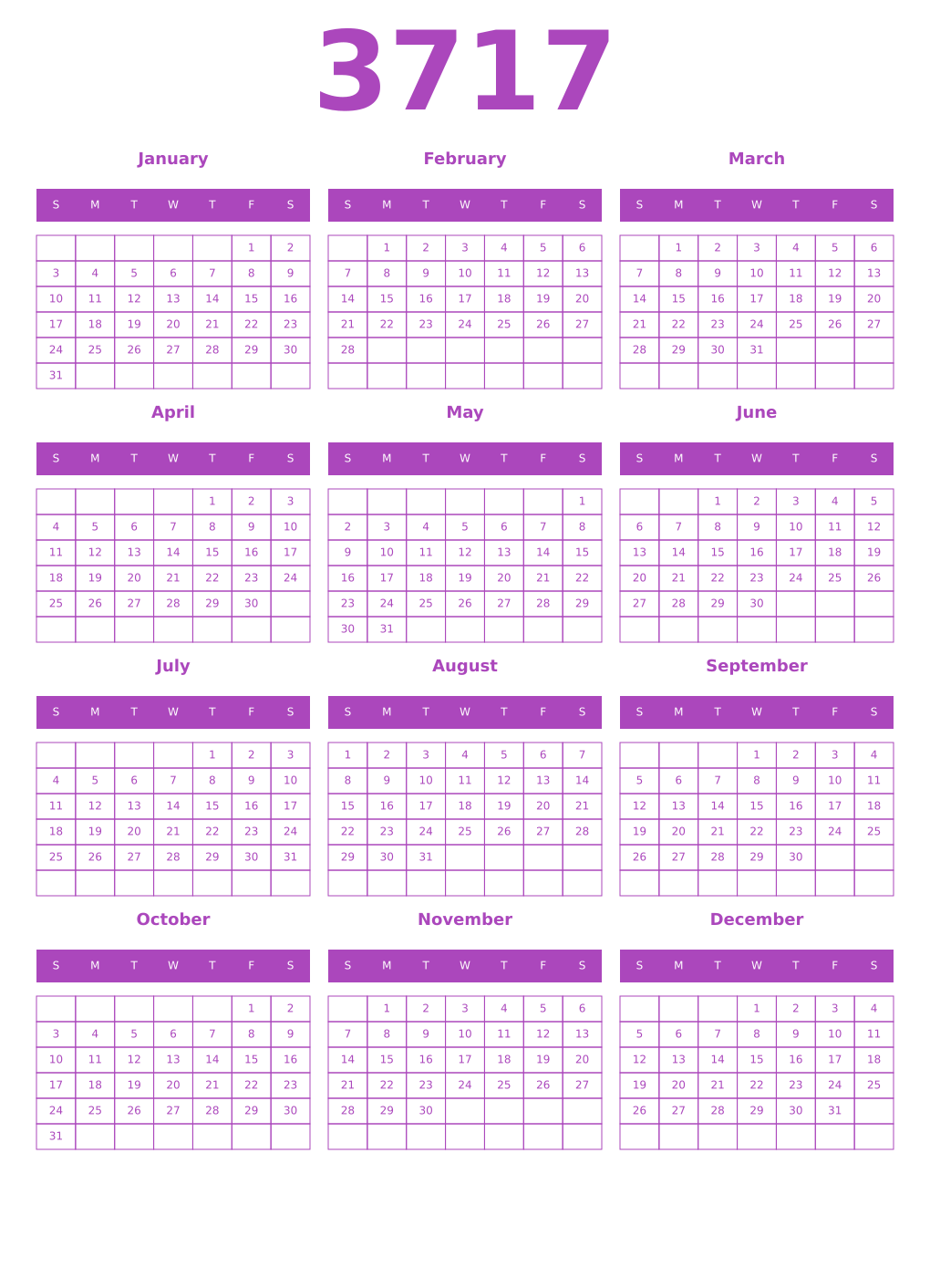 Printable 3717 Year Calendars purple