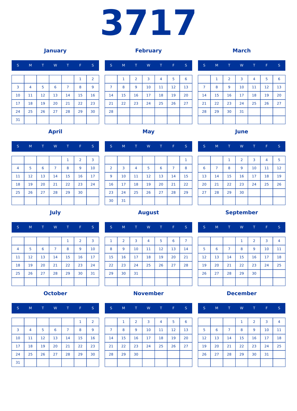 Printable 3717 Year Calendars smalt
