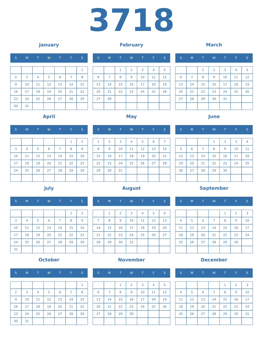 Printable 3718 Year Calendars blue