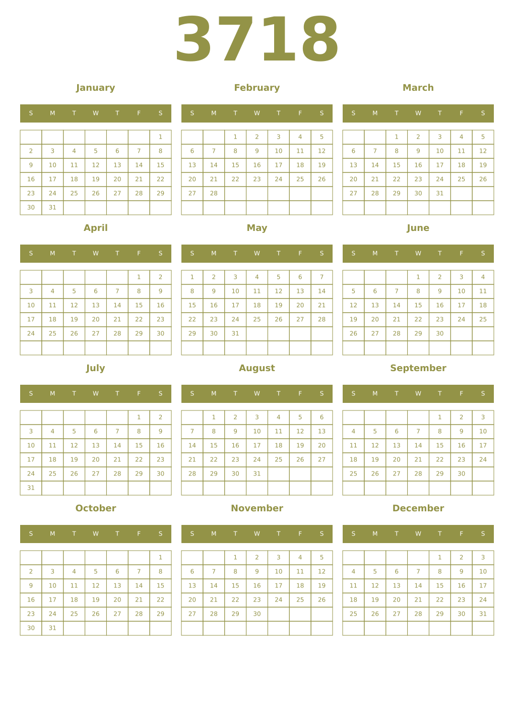 Printable 3718 Year Calendars eburnean