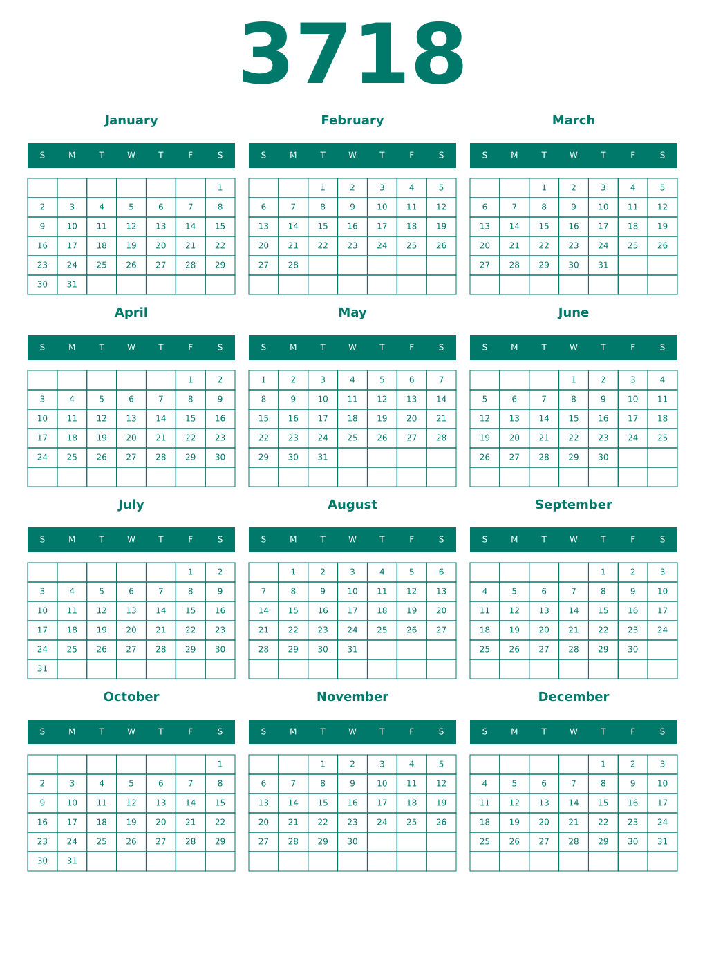 Printable 3718 Year Calendars pastel