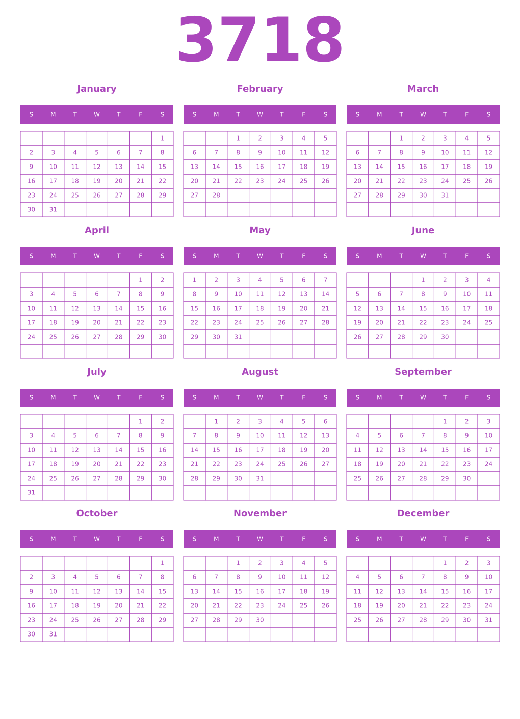 Printable 3718 Year Calendars purple