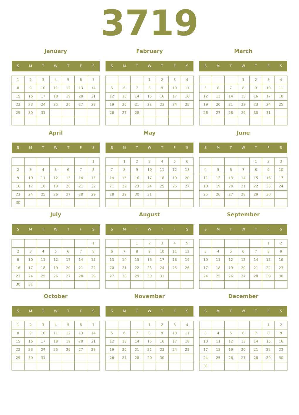 Printable 3719 Year Calendars eburnean