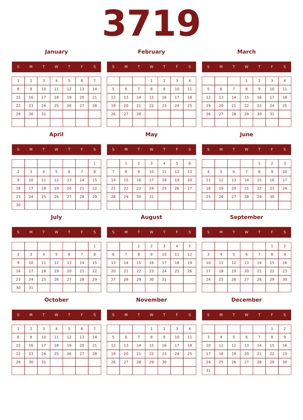 Printable 3719 Year Calendars falu