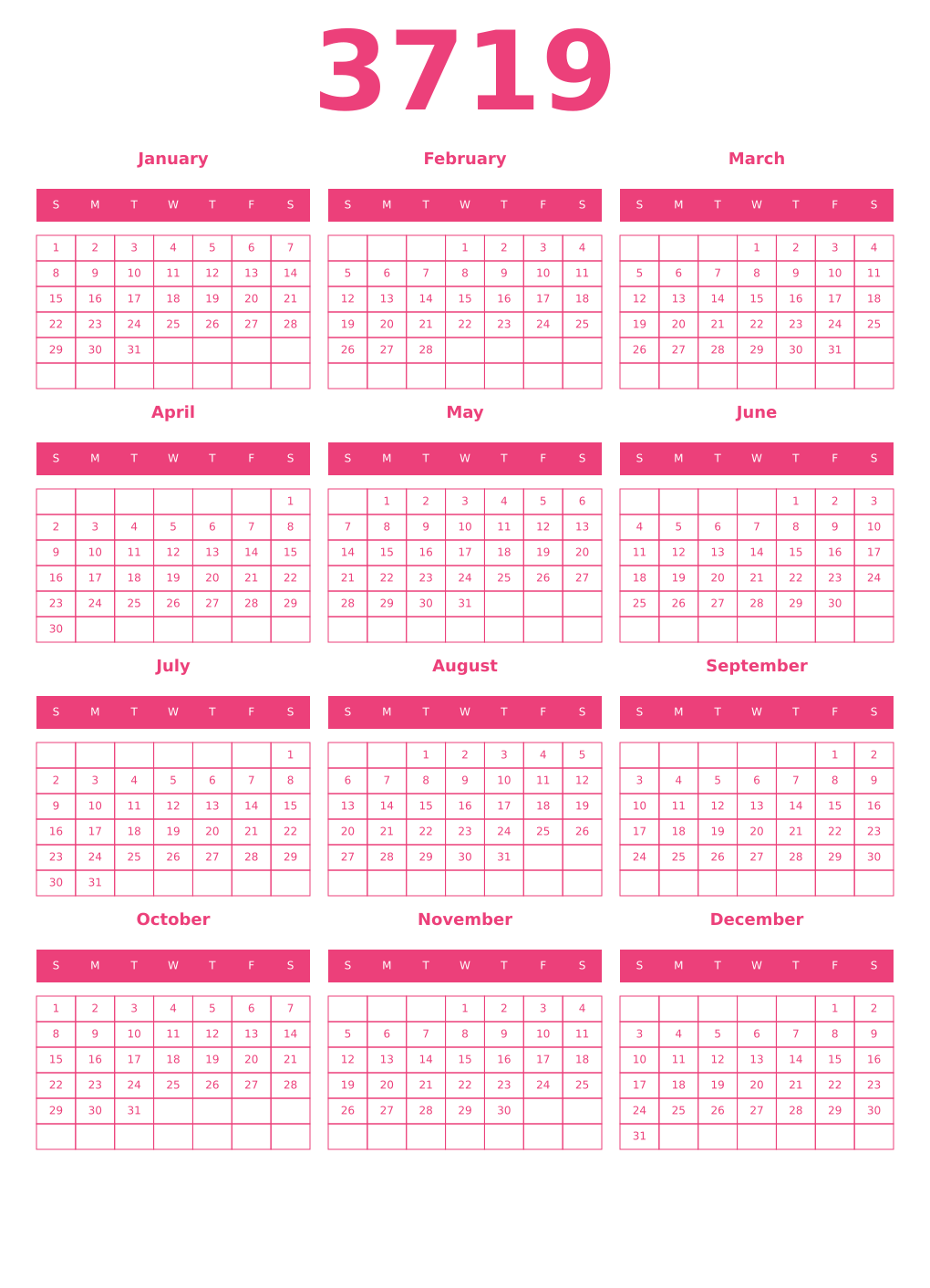 Printable 3719 Year Calendars pink