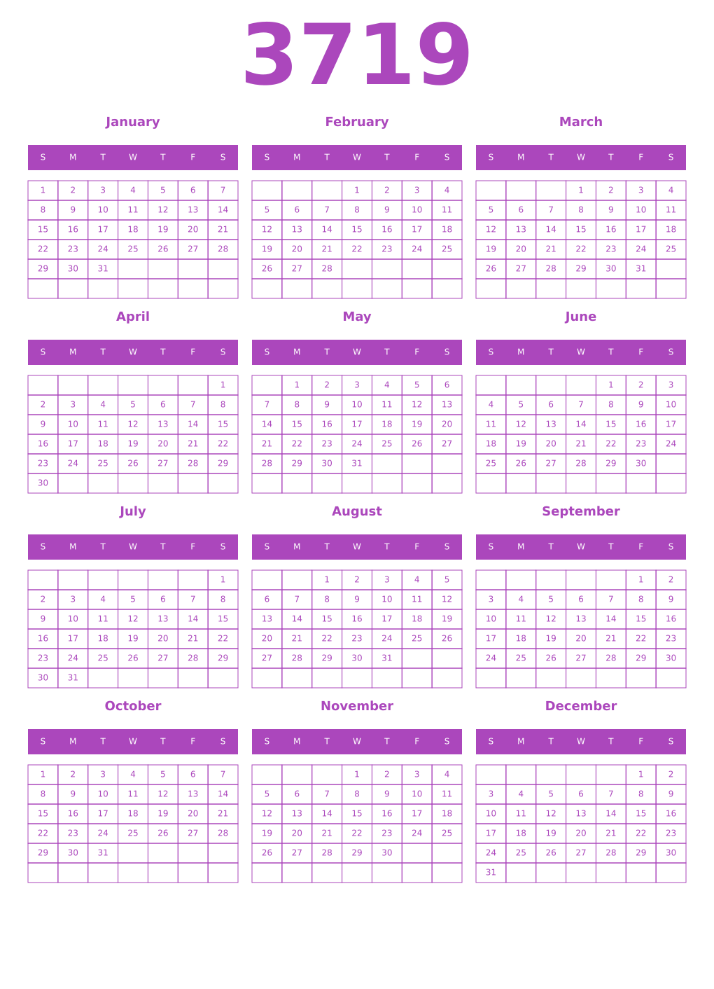 Printable 3719 Year Calendars purple