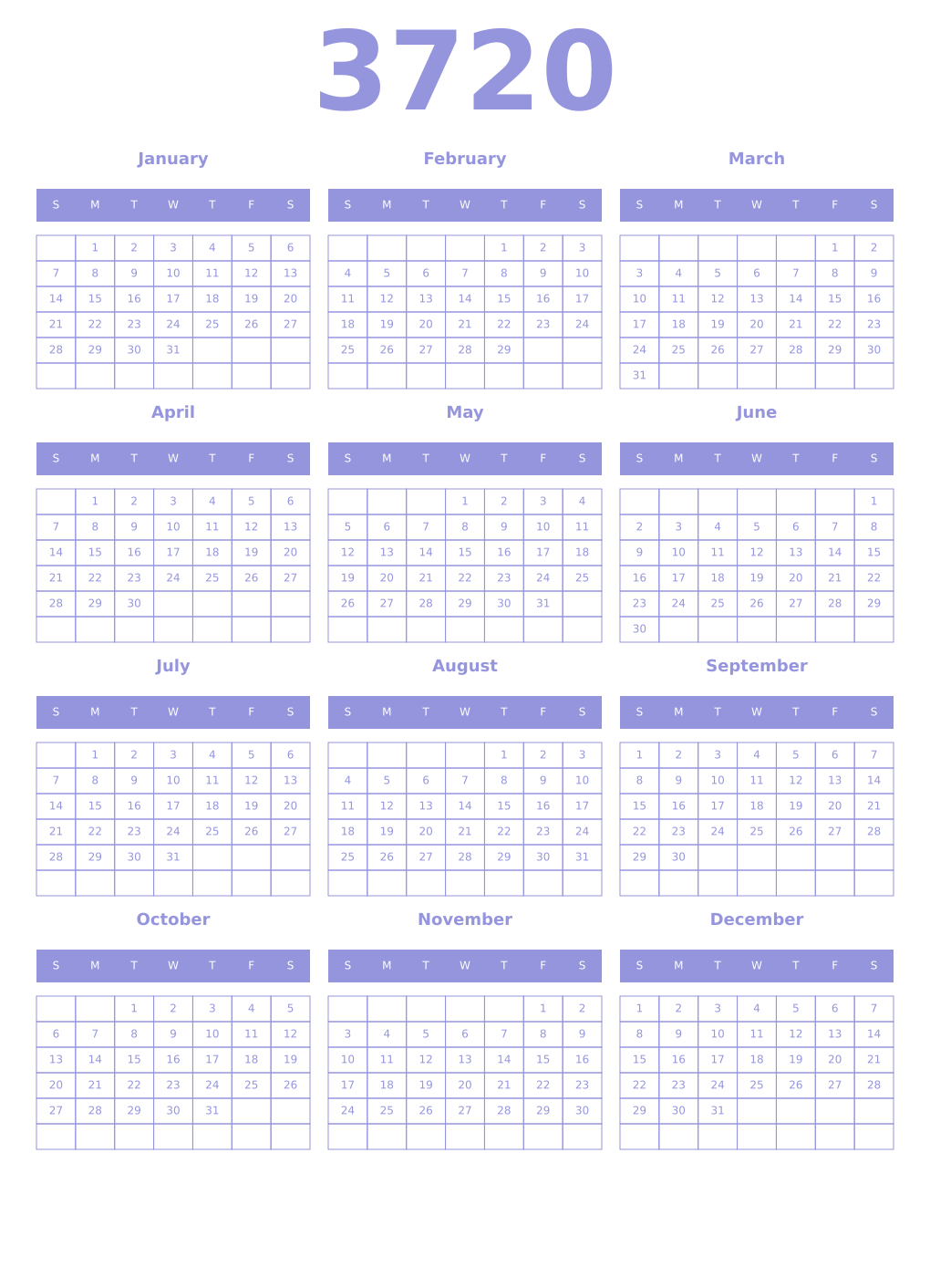 Printable 3720 Year Calendars periwinkle