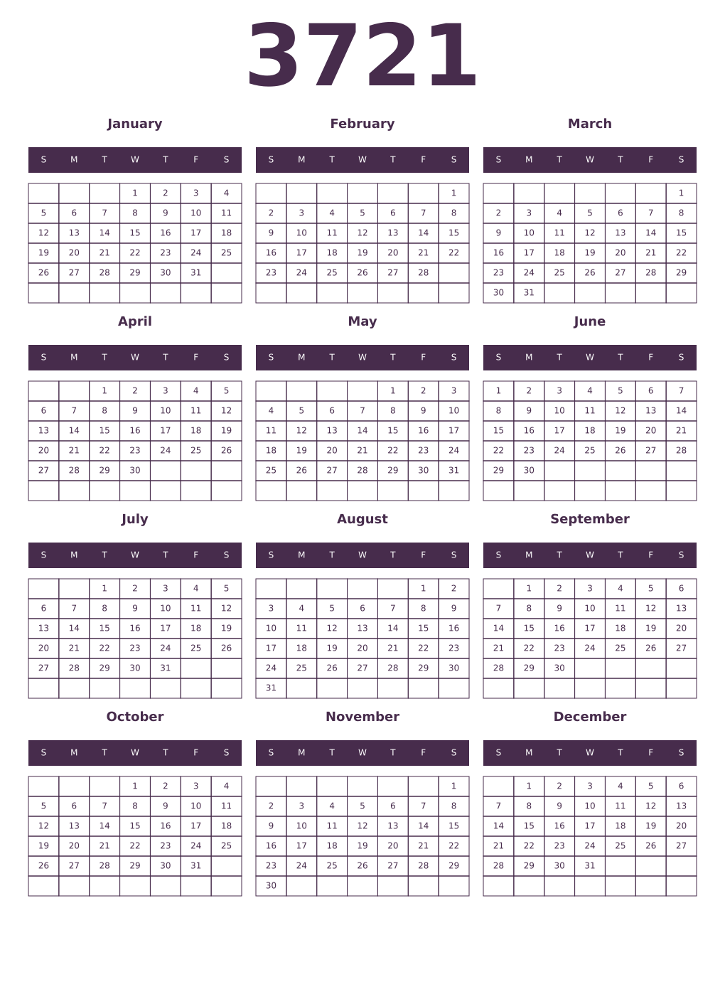 Printable 3721 Year Calendars aubergine