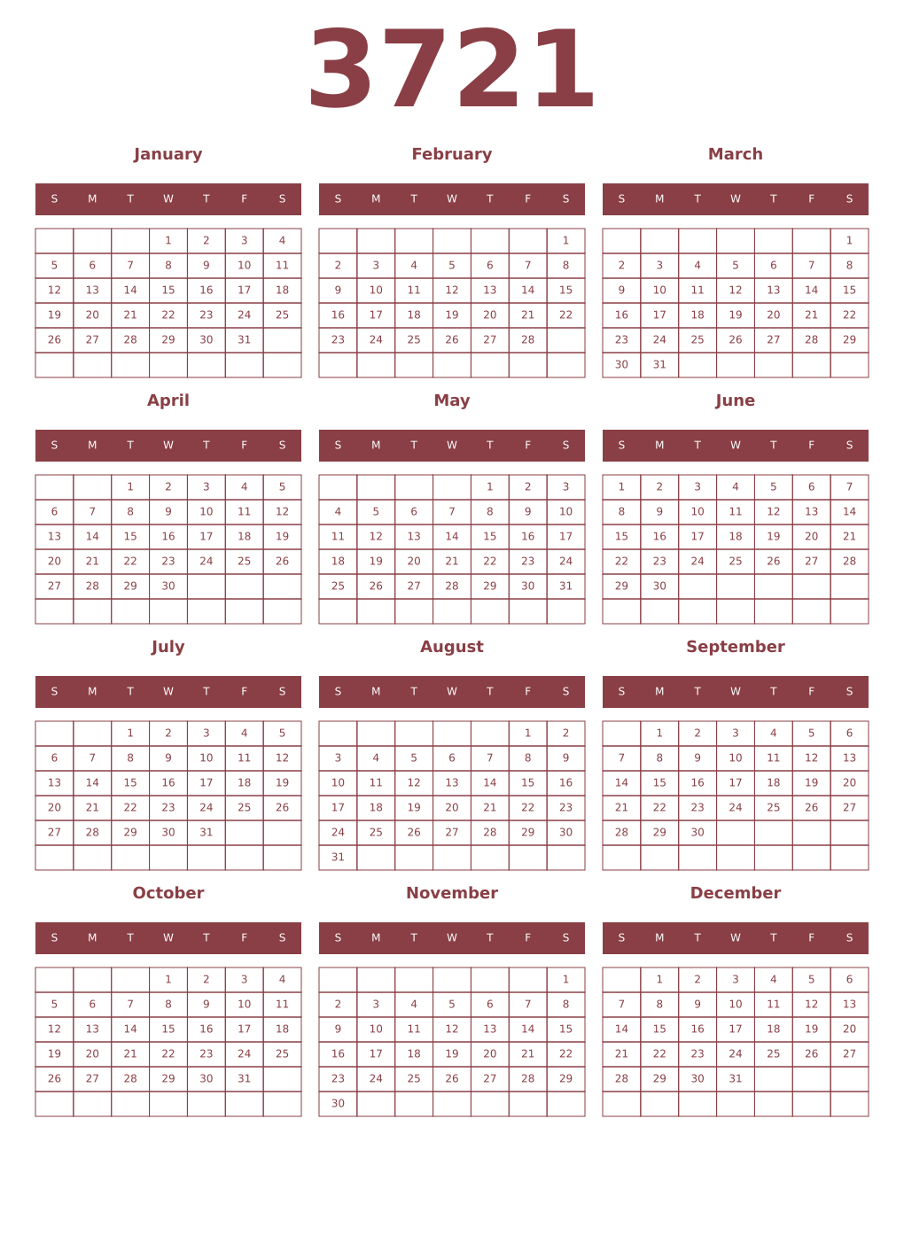 Printable 3721 Year Calendars cordovan