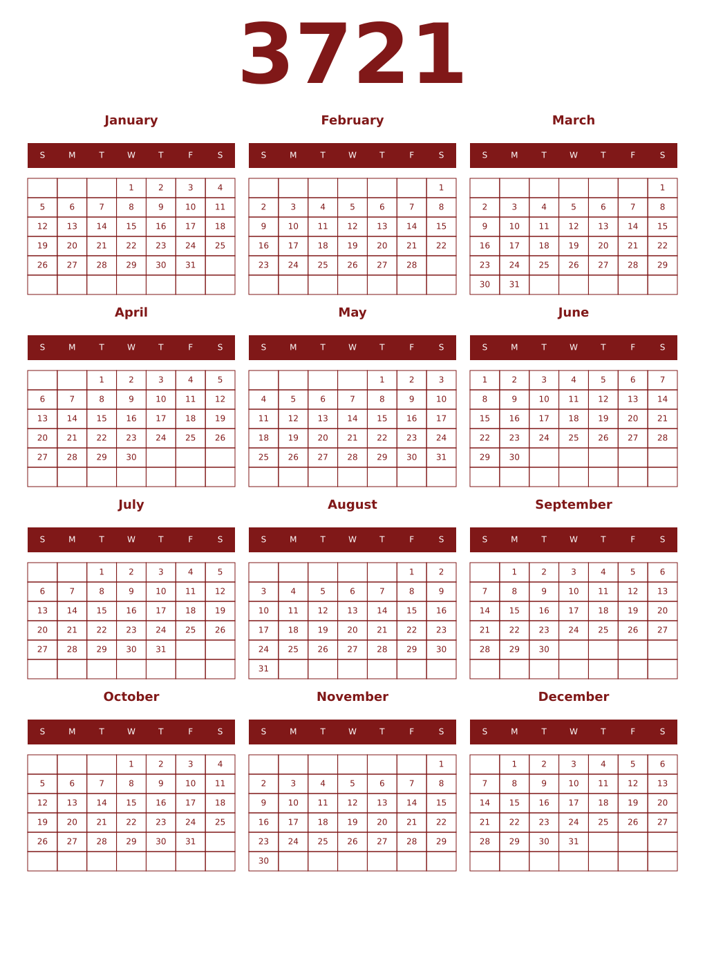 Printable 3721 Year Calendars falu