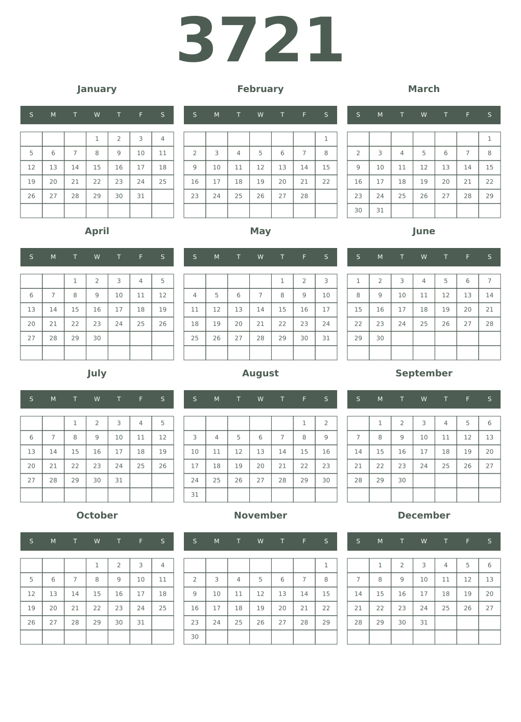 Printable 3721 Year Calendars feldgrau