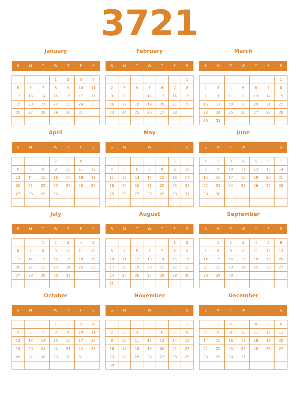Printable 3721 Year Calendars orange