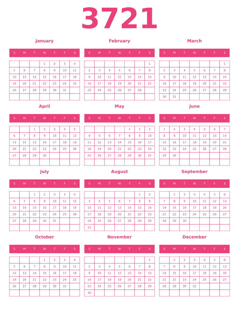 Printable 3721 Year Calendars pink