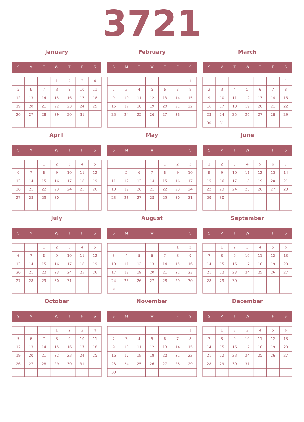 Printable 3721 Year Calendars puce