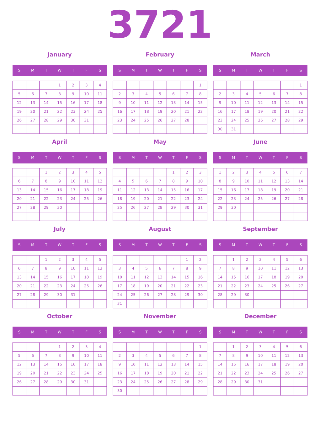 Printable 3721 Year Calendars purple