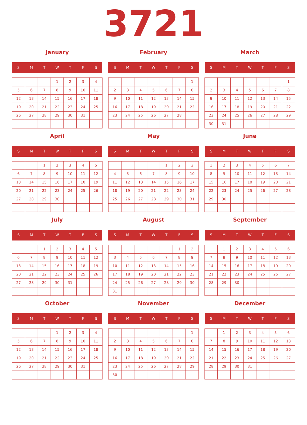 Printable 3721 Year Calendars red