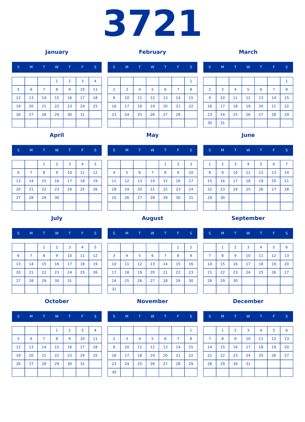 Printable 3721 Year Calendars smalt