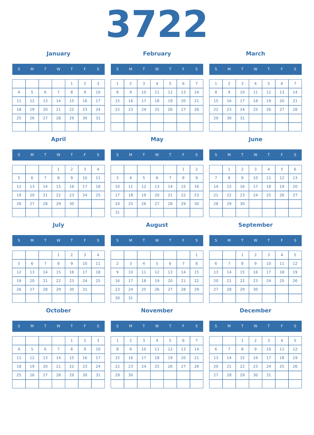 Printable 3722 Year Calendars blue