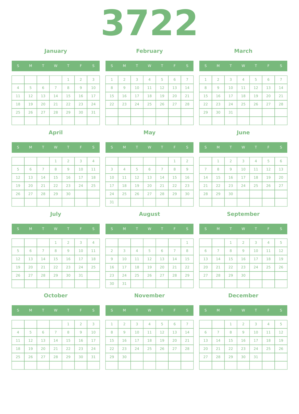 Printable 3722 Year Calendars celadon