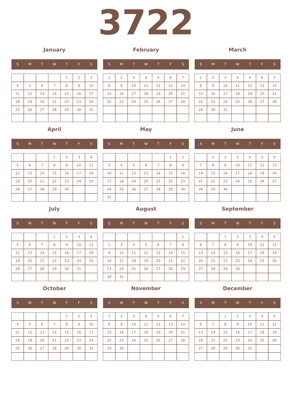 Printable 3722 Year Calendars coffe
