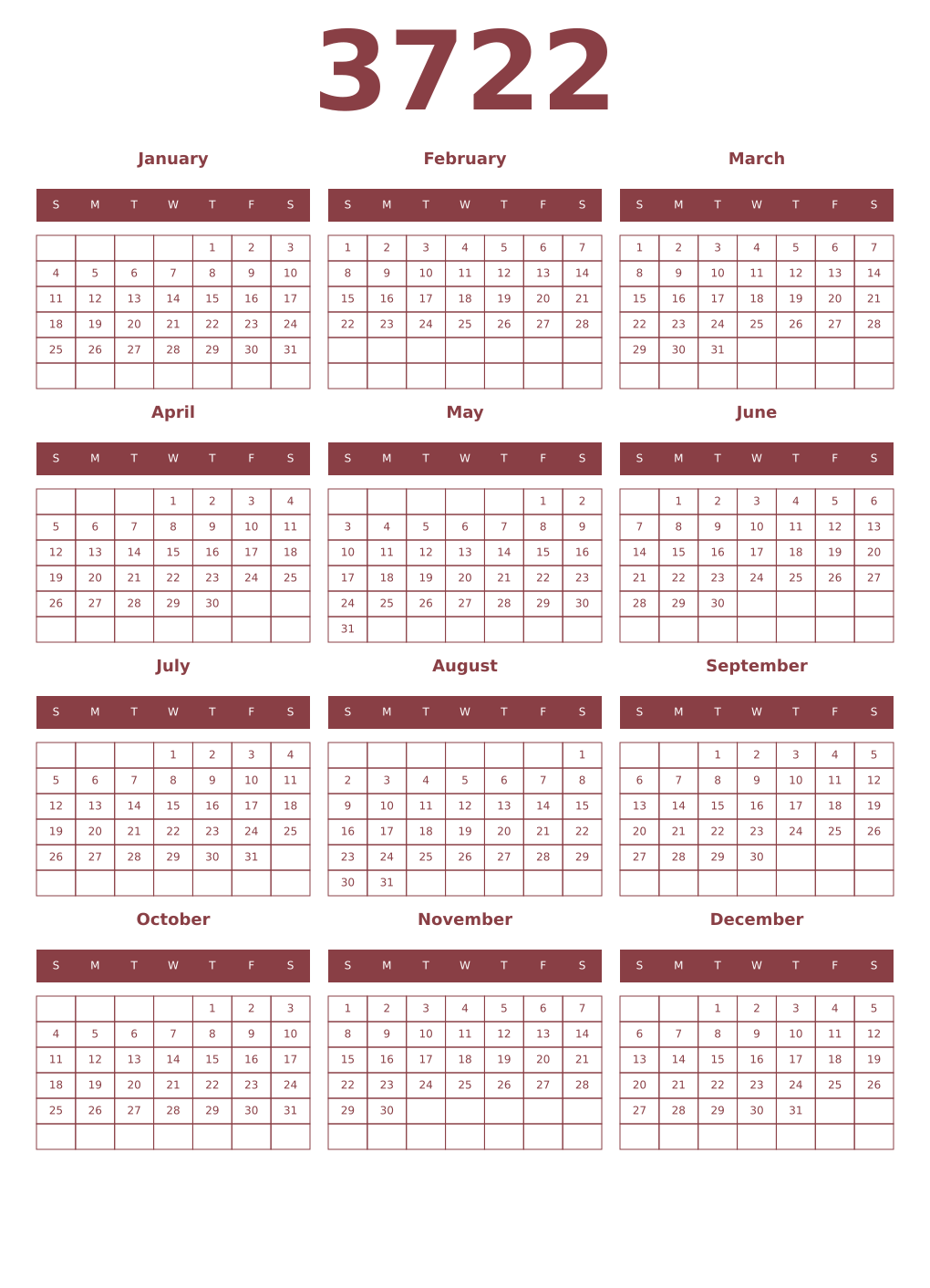 Printable 3722 Year Calendars cordovan