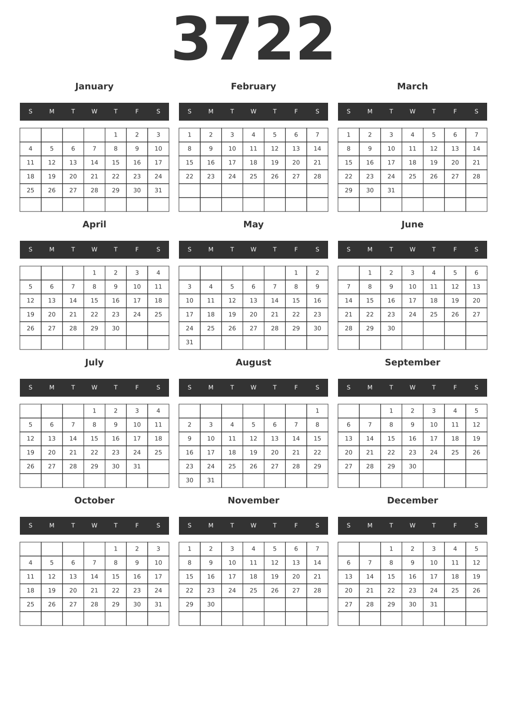 Printable 3722 Year Calendars dark