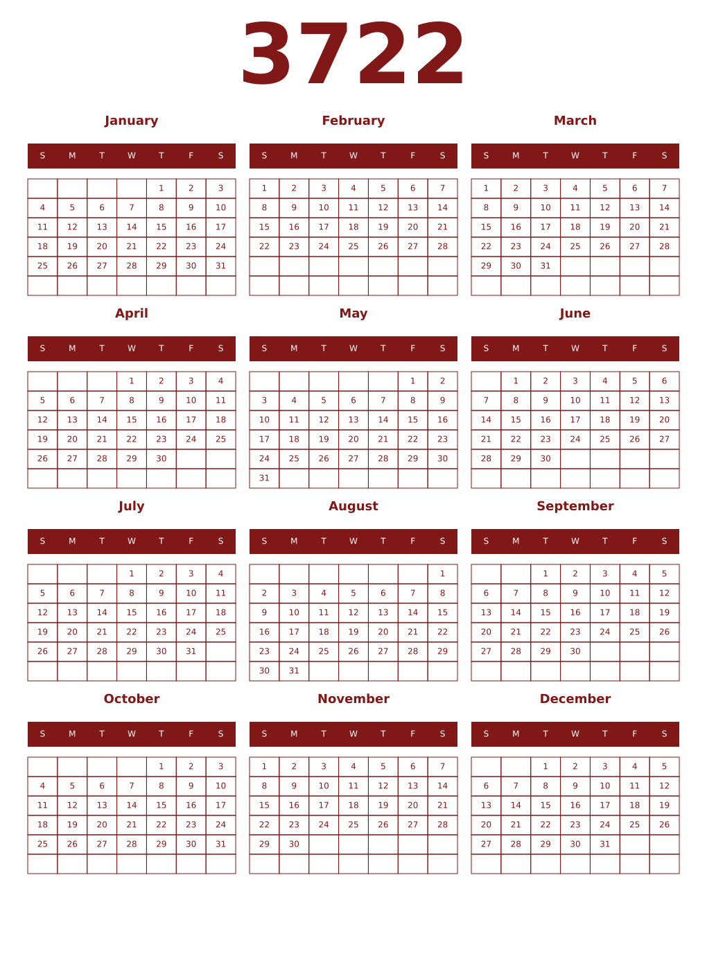 Printable 3722 Year Calendars falu