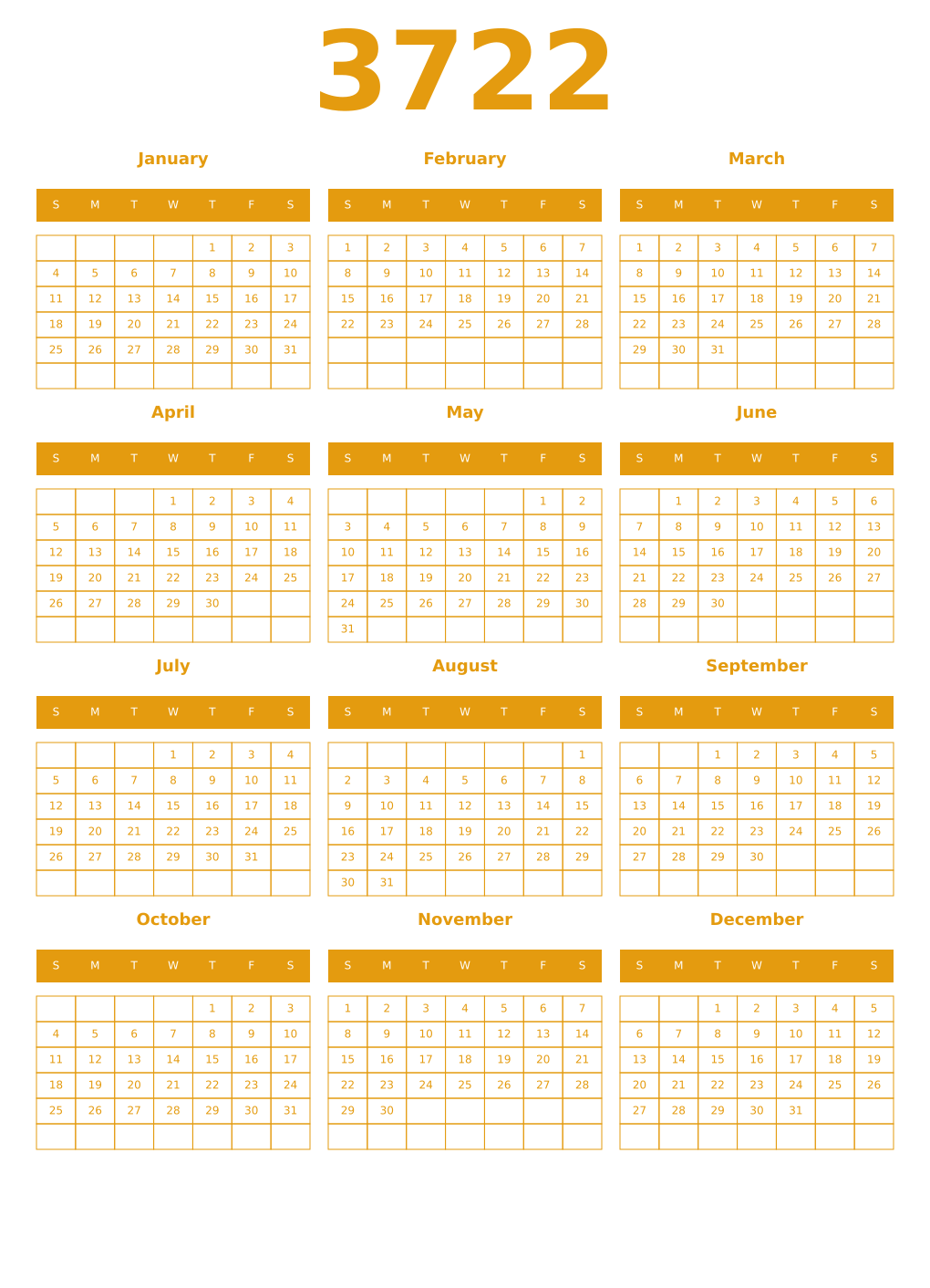 Printable 3722 Year Calendars gamboge