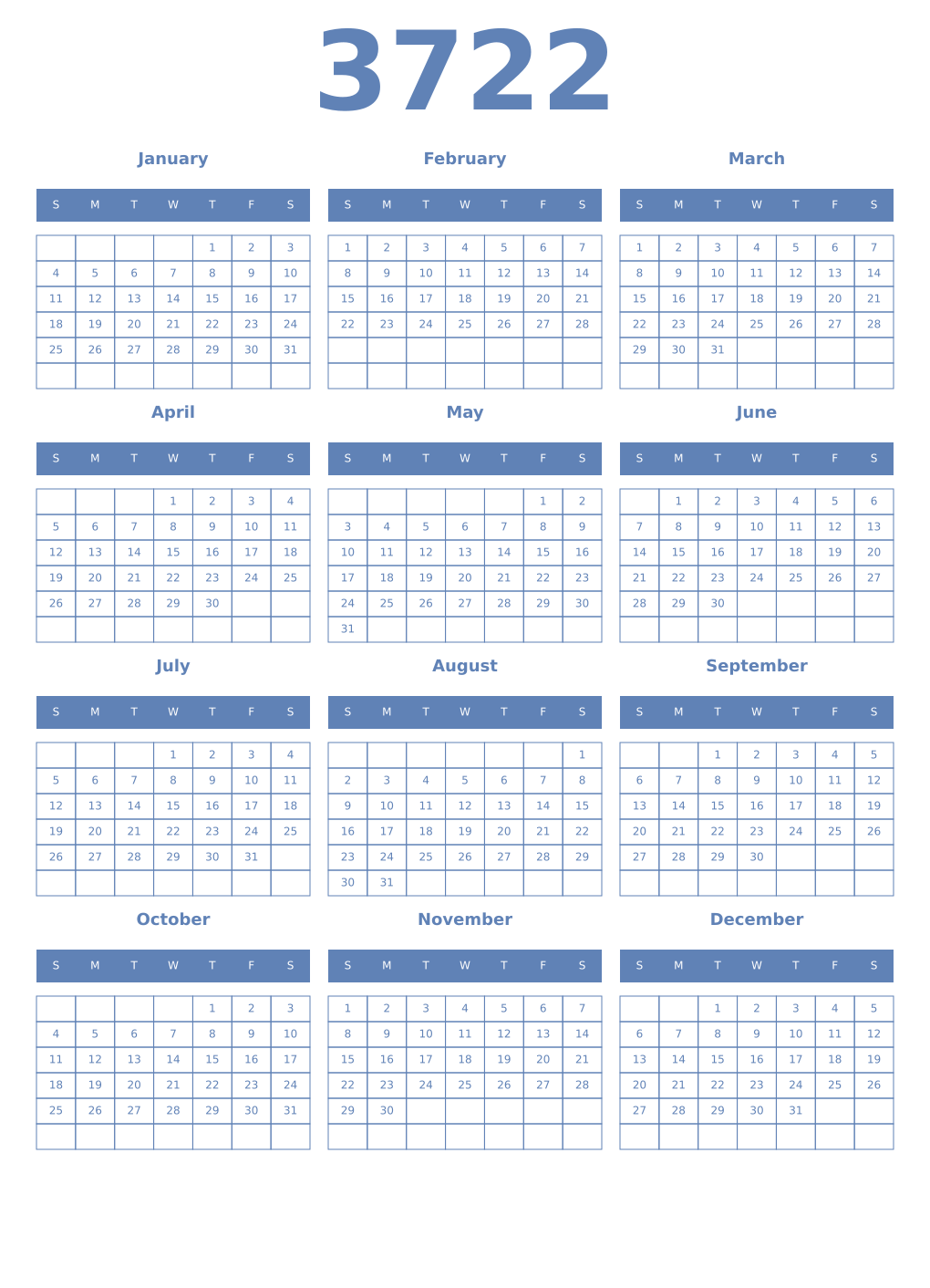 Printable 3722 Year Calendars glaucous