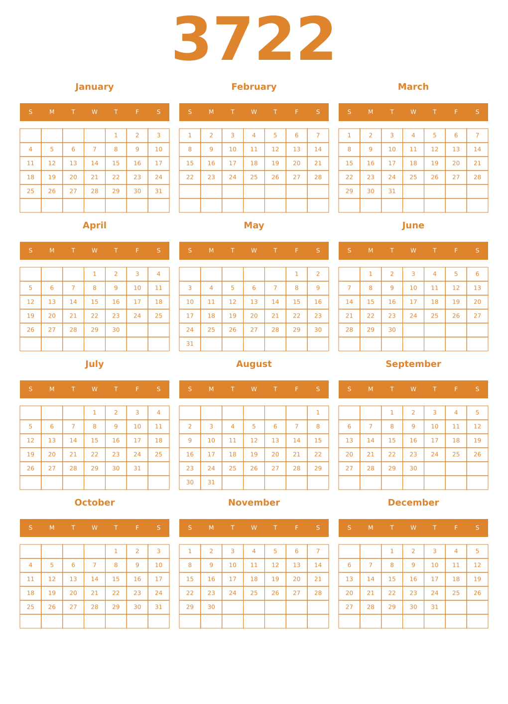 Printable 3722 Year Calendars orange