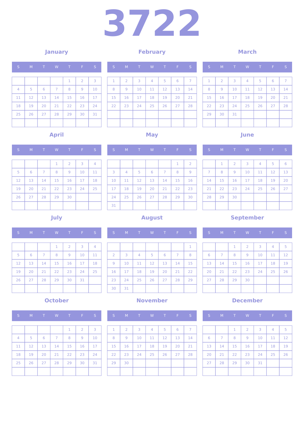 Printable 3722 Year Calendars periwinkle