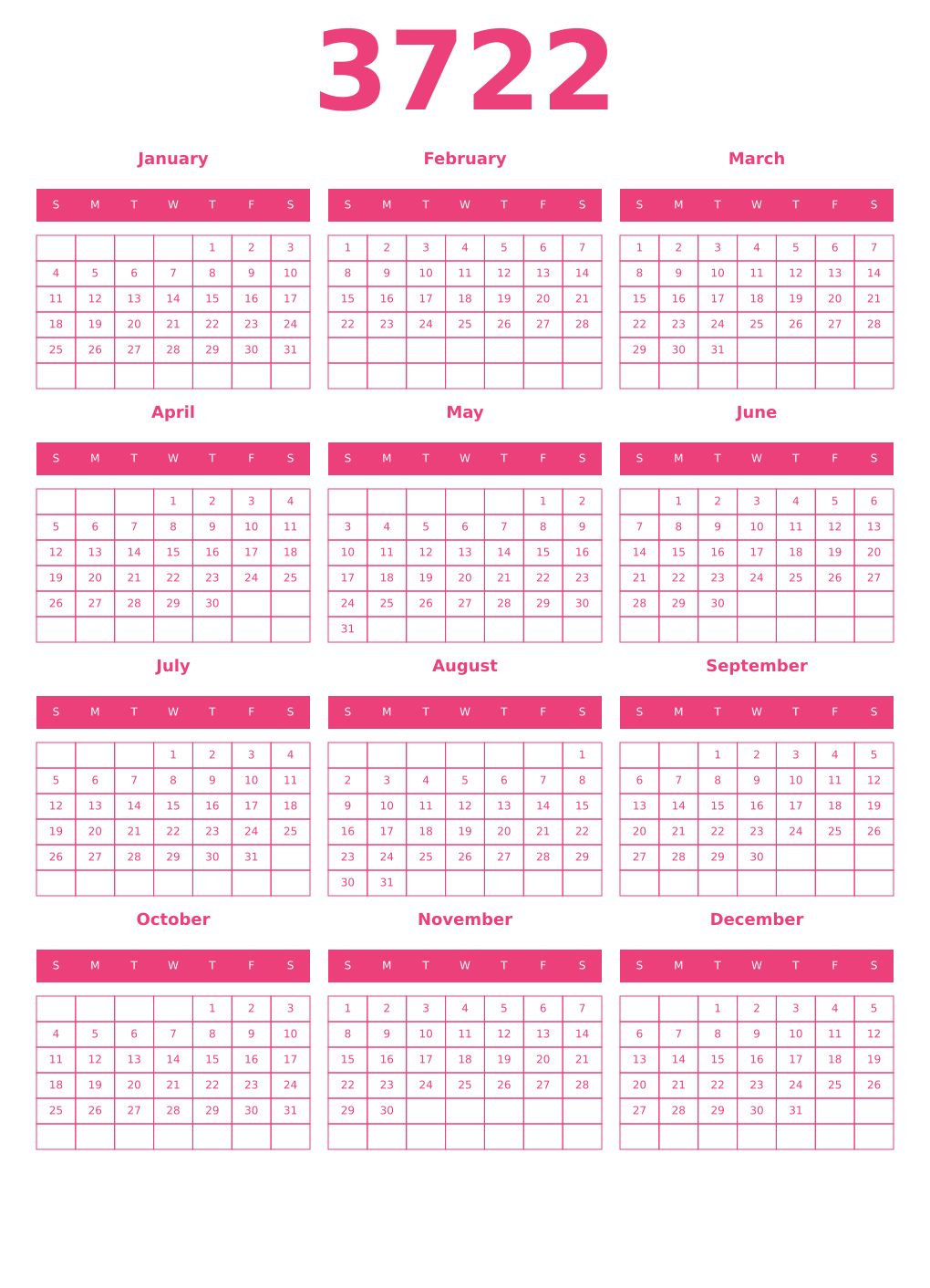 Printable 3722 Year Calendars pink