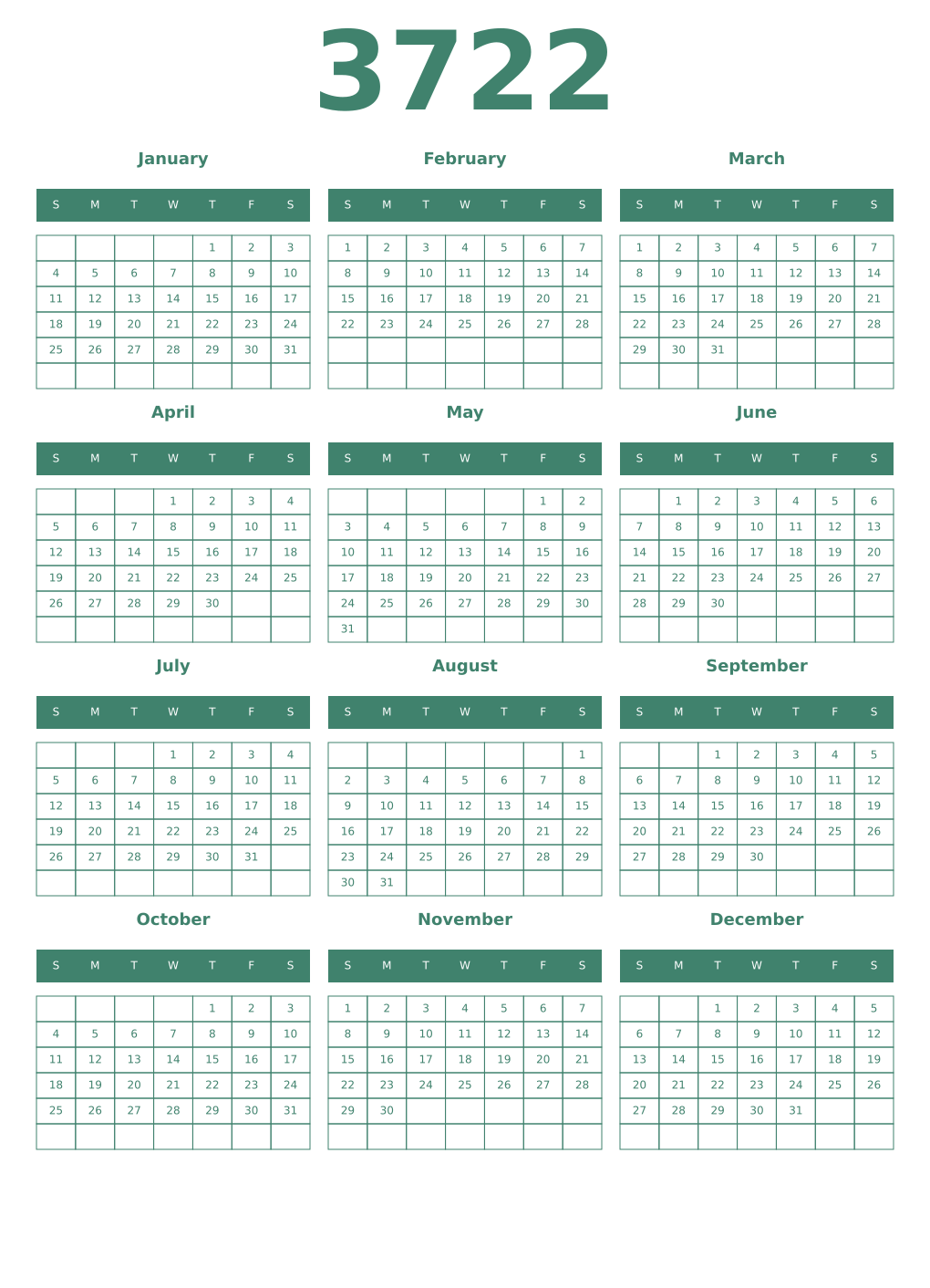 Printable 3722 Year Calendars viridian
