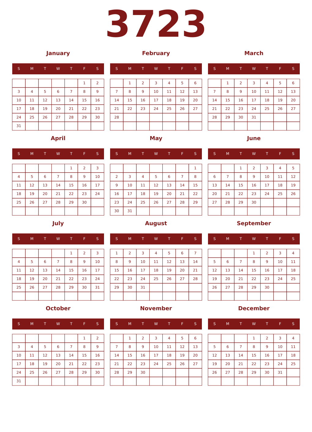 Printable 3723 Year Calendars falu