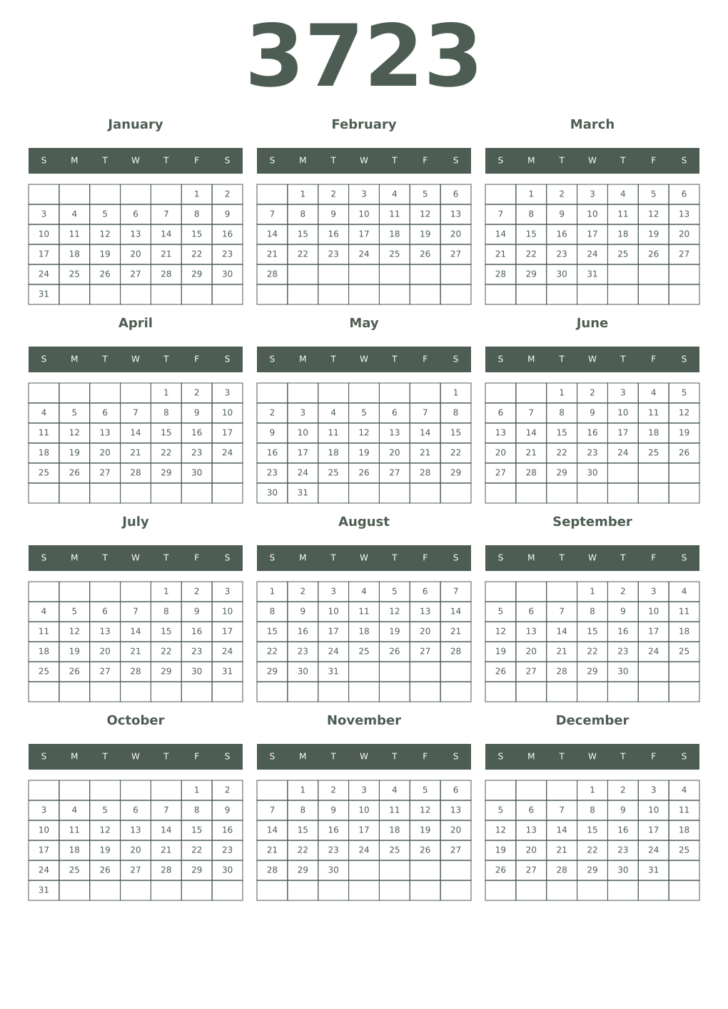 Printable 3723 Year Calendars feldgrau