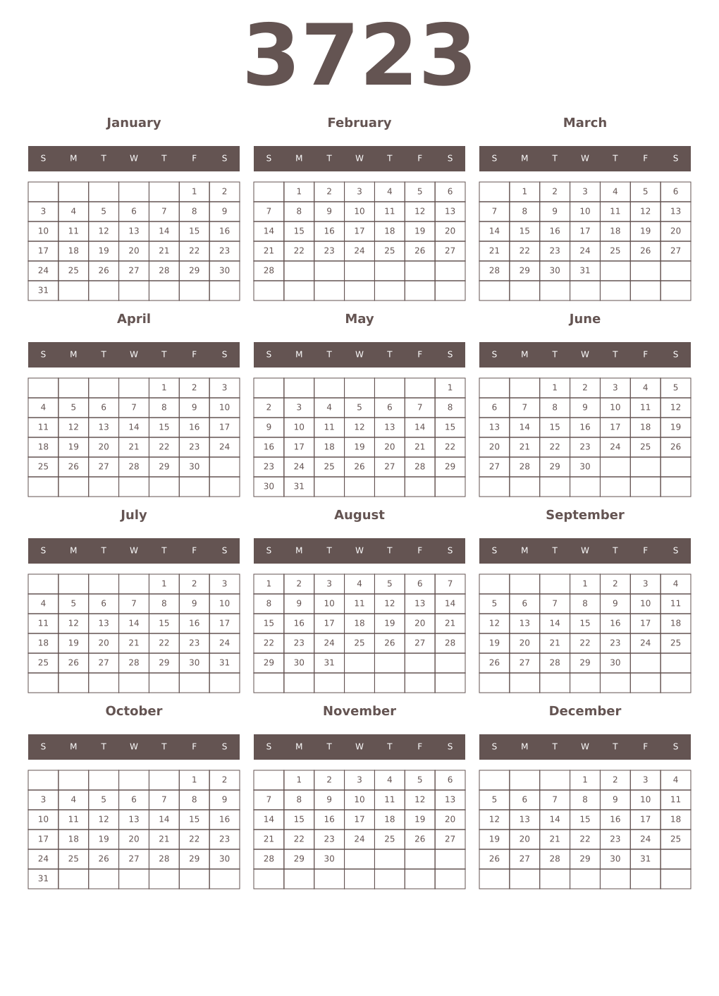 Printable 3723 Year Calendars wenge