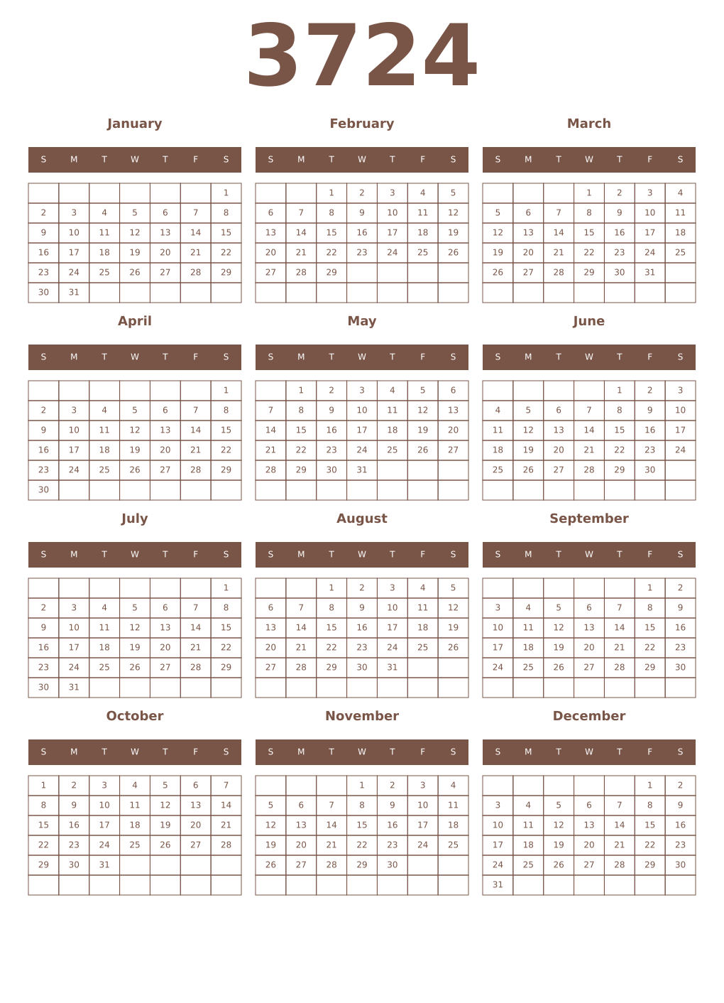 Printable 3724 Year Calendars coffe